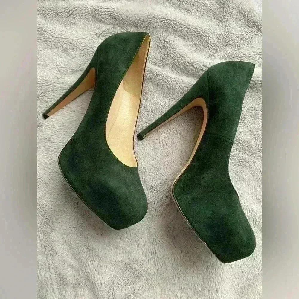 Brian Atwood Maniac Emerald Suede Leather Platform Heels - Picture 6 of 8